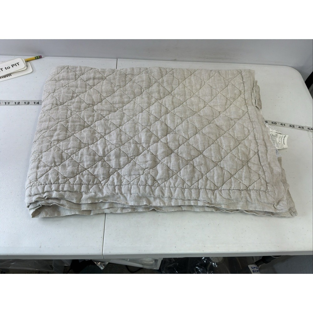 Pottery Barn Kids Quilt 50x36 Toddler Beige Diamond Stitch 100% Linen